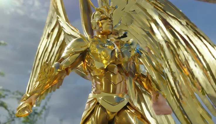 A closeup of a golden statue of a man with wings, unreal motor render saint seiya, CGI 8K, arcanjo, trending on ArtStation., cg arte, Armadura Dourada Angelical, 8 k cg render, CGSetalidade 8K, CGSetivity 8K, CGSetivity 8K, Directed by: Gabriel Ba, trendin...