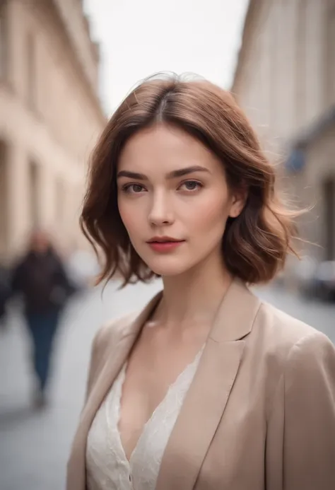 Delicate woman, wavy and slightly short hair. She is walking on a busy sidewalk. She is wearing listening clothes.