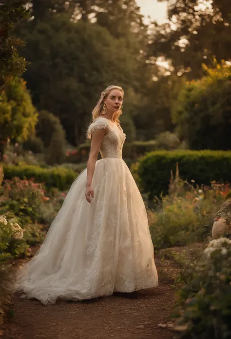 A stunningly beautiful blonde fairytale Princess Greer Grammer walking through a garden wearing an elegant Victorian morning dress