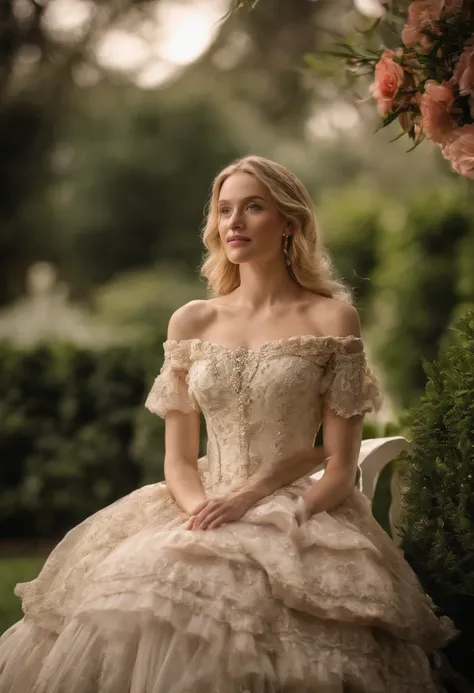 A stunningly beautiful blonde fairytale Princess Greer Grammer walking through a garden wearing an elegant Victorian morning dress