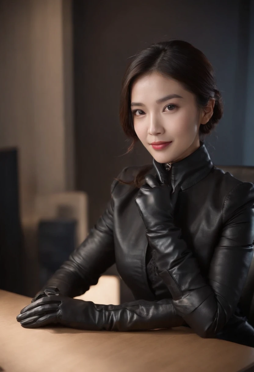 Wearing black leather gloves on both hands, Upper body, Black business suit, Facing the desk in my room with a computer in the dark, Smiling, Operate while looking at the screen with the fingertips of black leather gloves, Black hair was tied back for a lo...