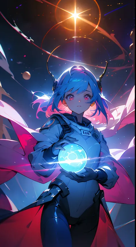 (masterpiece), best quality, a cute girl floating in the space holding a planet, ((holding)), sphere, ((glow, planet glow)), per...