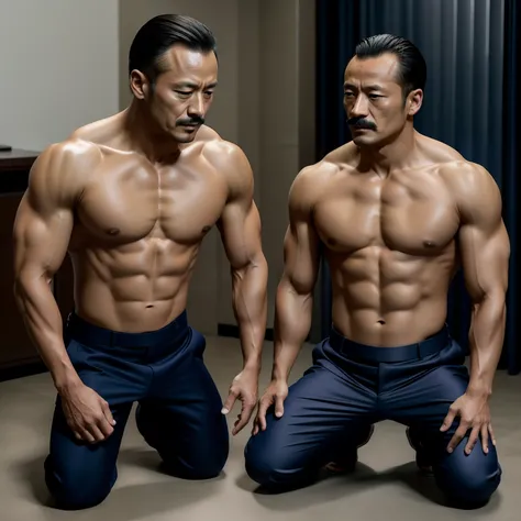 45 yers old，Hidetoshi Nakata ，（Kogoro Mouri 1.3），Two muscular men kneel，Naked upper body，Crotch contour，with mustache，tmasterpiece，k hd，Business suit，greys