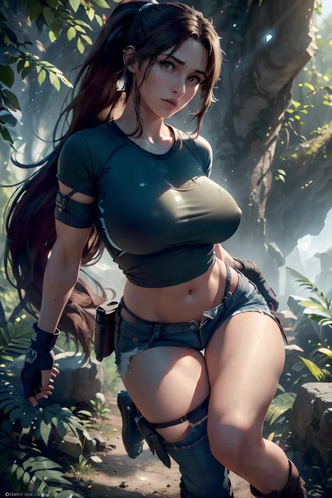 Beautiful young woman,Laura Croft,long brown hair in a ponytail,beautiful detailed eyes,beautiful detailed lips,extremely detailed eyes and face,longeyelashes,big bouncing breasts,blue t-shirt and green jean shorts,white sox,black gloves,hiking boots,thigh...