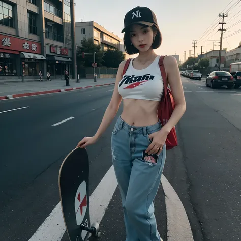 araffe woman in a baseball cap and pants with a skateboard, anime girl in real life, russian and japanese mix, intriguing outfit, korean girl, she is wearing streetwear, with head phones, her belly button is exposed, bra and shorts streetwear, chinese girl...