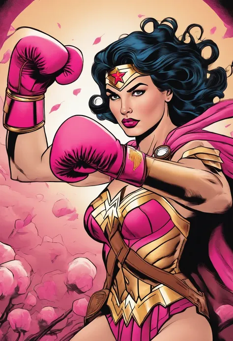 Draw the heroine Wonder Woman in a combat scene, wearing pink boxing gloves to highlight the importance of prevention and early detection of breast cancer in the month of October