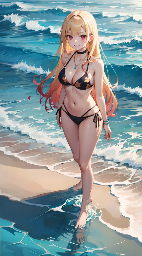 masterpiece, best quality, highres, kitagawa marin, wide angle, POV, from above, 1girl, blonde hair, long hair, multicolored hair, red eyes, jewelry, necklace, choker, black bikini, floral print, bracelet, side-tie bikini bottom, cowboy shot, in sea beach,...