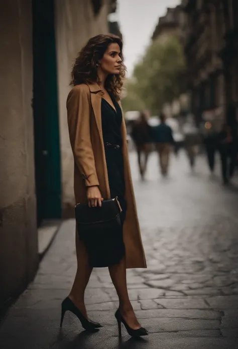 mulher de 26 anos, delicada, cabelos ondulados. Shes walking on a busy sidewalk. Shes wearing misplaced and listening clothes. (cena:rua movimentada)