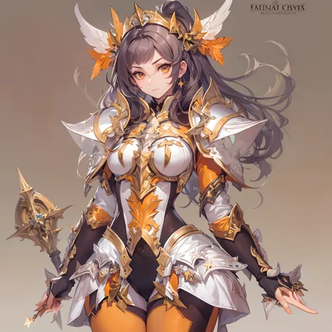 ((Masterpiece, Highest quality)), Detailed face, CharacterDesignSheet， full bodyesbian, Full of details, Multiple poses and expressions, Highly detailed, Depth, Many parts，Beautiful paladin，holding a shield，double-ponytail，estilo fantasia，Orange caramel，Ex...