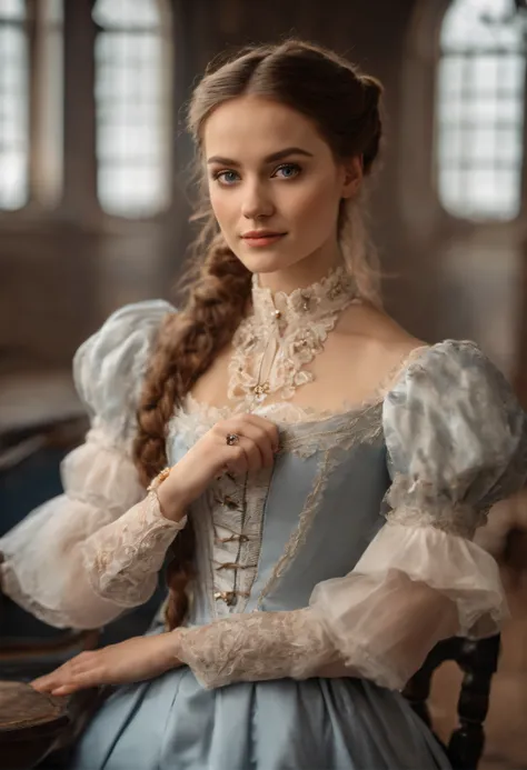 A young woman from Northern Europe, 18 years old, light blue eyes, happy, cute face, white skin, brown hair, ponytail haircut, eyeliner, thin nose, wearing a Victorian dress from 19th century, room in the background, amateur selfie, amateur selfie quality,...