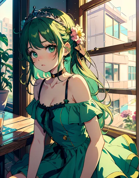 ((masterpiece, best quality)), (1girl, anime girl in the cafe, retro style),(loli, little girl), (solo), (female focus), (gren hair, messy hair, long hair, flower tiara),green eyes, ((dress, exposed shoulder)) , shy, portraits, close up, upper body, vibran...