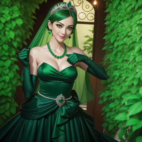 emerald tiara, Green Pearl Necklace, Boyish very short green hair, lipsticks, Japan woman smiling, very short short hair, fist, big breasts beautiful, Green eyes, Long green gloves made of satin material, Green eyes, Emerald Earrings