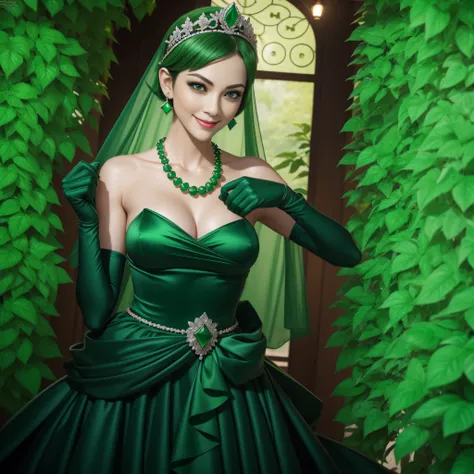 emerald tiara, Green Pearl Necklace, Boyish very short green hair, lipsticks, Japan woman smiling, very short short hair, fist, big breasts beautiful, Green eyes, Long green gloves made of satin material, Green eyes, Emerald Earrings