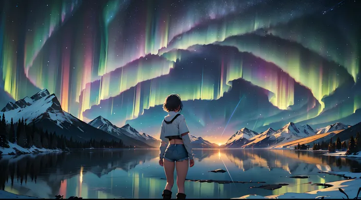 ((Best Quality, 8K, Masterpiece: 1.3)), landscape, lake surrounded by mountains, morning shoot, star trail, aurora, slow speed, standing girl with short hair, denim shorts, crop top, look at the sky, view from back, amazing scenery, snowfall, stars making ...