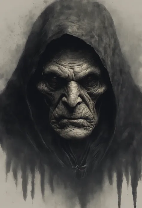 very old man, looks like a corpse, half of his face deformed, beggar, dirty, angry look, short gray hair, pale and wrinkled skin, yellowish pupils, hunched posture, waist up, penetrating and evil look, long black cloak, torn clothes, cloak of crow feathers...