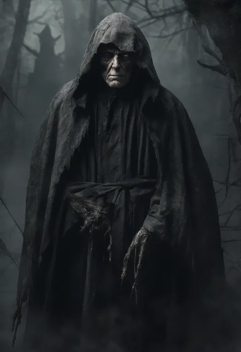 very old man, looks like a corpse, half of his face deformed, beggar, dirty, angry look, short gray hair, pale and wrinkled skin, yellowish pupils, hunched posture, waist up, penetrating and evil look, long black cloak, torn clothes, cloak of crow feathers...