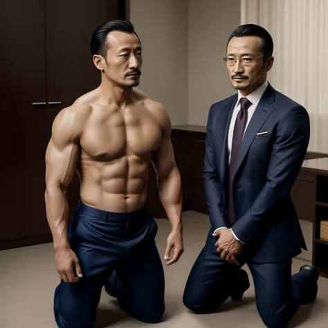 45 yers old，Hidetoshi Nakata ，（Kogoro Mouri 1.3），Two muscular men kneel，Naked upper body，Crotch contour，with mustache，tmasterpiece，k hd，Business suit，greys