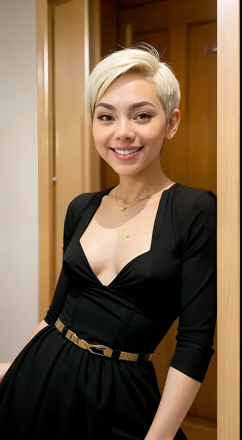 Malay girl, very short white hair, pixie cut hair, wear black and yellow Corset Dress, laughing and posing with hand on hip, front view, windy, detail skin, age spot, detail skin texture, mole below eyes, small breast, flat chest, wide hips, small waists, ...