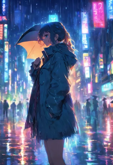 1girl,night city,rain,coat,hands in pockets