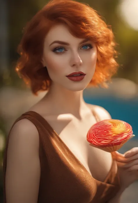 ((best quality)), ((ultra res)), ((photorealistic)), (intricate details), 19 years old, red hair, blue eyes, perfect face, make up:1.5, light on face, body shot, NAKED, short hair, Promiscuous look eating a lollipop, big bust, big ass.