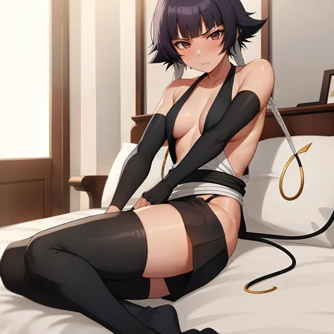 ( anime screencap:1.1),
1girl, solo, black hair, sideboob, sitting, short hair with long locks, bed, hip vent, short hair, small...