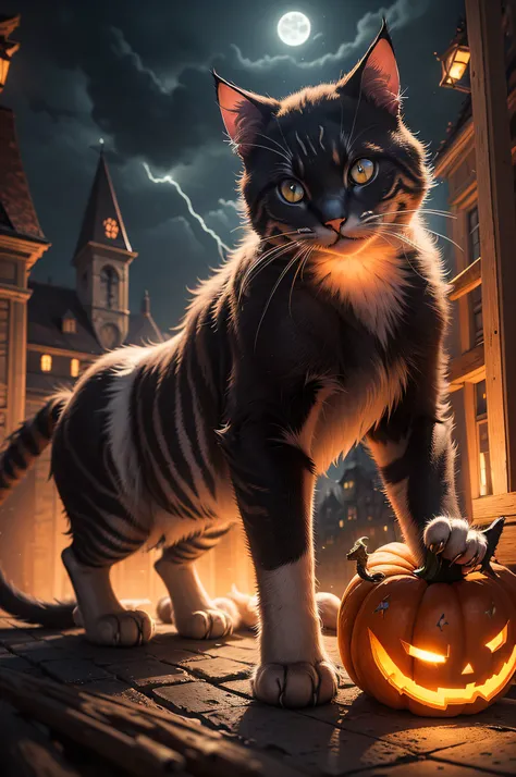 (Unschlagbares Meisterwerk), Halloween, (((Katze))), Pumpkin, ultrarealistische 8K-CG, Perfektes Artwork, great lightning, Bei Nacht, Mond, Nebel, gruselig, no human