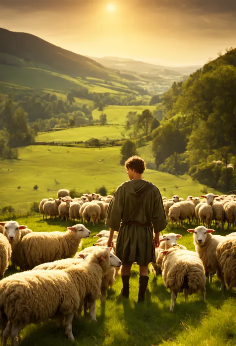 a serene, sunlit valley with rolling hills in the background.
a wide shot of the valley, establishing the peaceful setting.
youn...