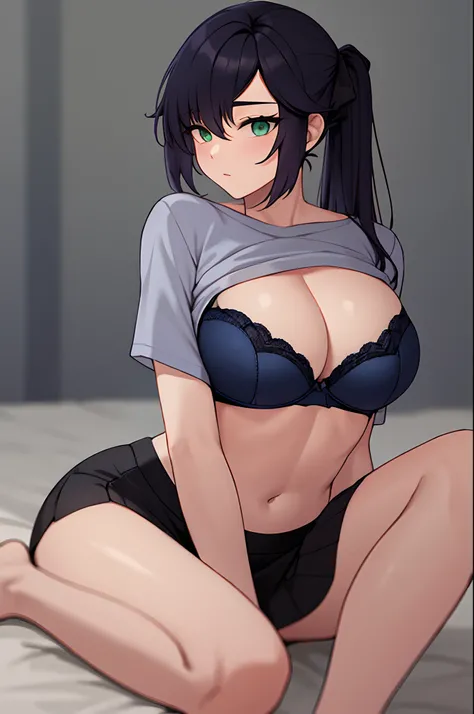 Best quality, dark blue hair and green eyes, large breasts, cleavage, navel, t-shirt, ((bra)),clothes lift, skirt, lying, full Body, perfect body ,sitting