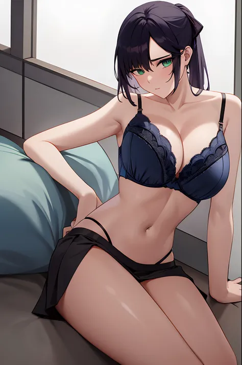 Best quality, dark blue hair and green eyes, large breasts, cleavage, navel, t-shirt, ((bra)),clothes lift, skirt, lying, full Body, perfect body ,sitting