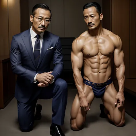 45 yers old，Hidetoshi Nakata ，（Kogoro Mouri 1.3），Two muscular men kneel，Naked upper body，Crotch contour，with mustache，tmasterpiece，k hd，Business suit，greys