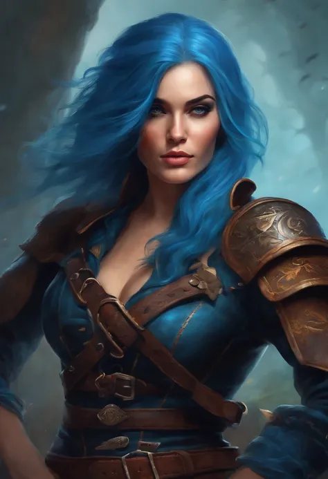 Epic portrait of blue-haired pirate woman, friendly look, in leather armor with medieval pistol and sword in hand, RPG style, illustration