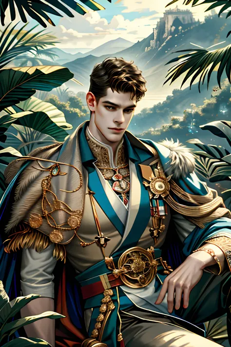 (absurdres, highres, ultra detailed), 1 male, adult, handsome, tall muscular guy, broad shoulders, intricate details, colorful, portrait, looking up, solo, half shot, detailed background, detailed face, (tropical jungle theme:1.1), royal imperial monarch, ...