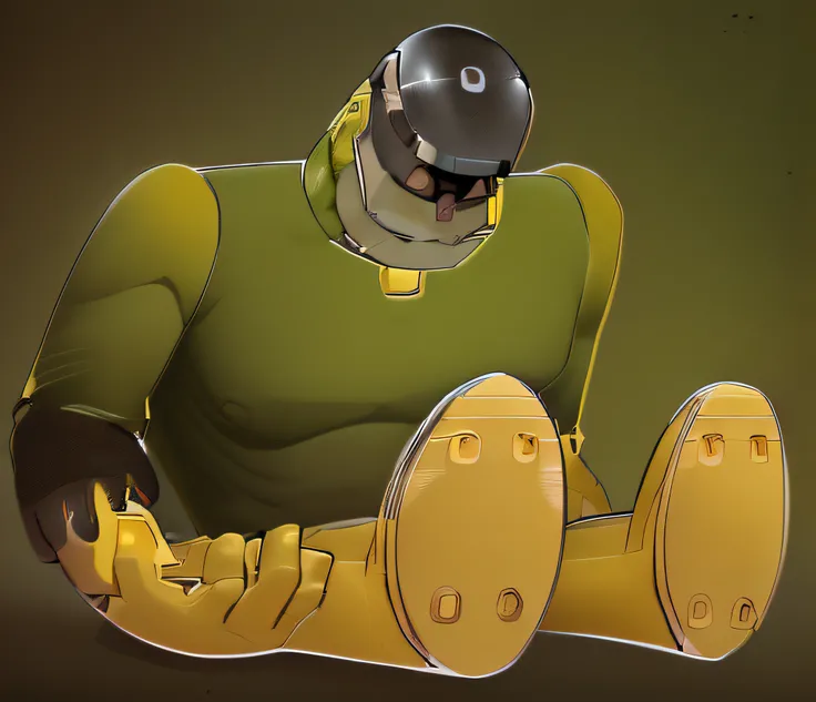 An androgen frankenstein jr-style cyborg Hanna Barbera animation sitting head down with a black sash over his eyes dressed in a torn olive green shirt displaying his robotic body parts and wearing yellow boots with turbines on the soles of his feet.