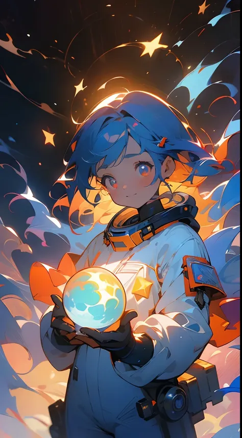 (masterpiece), best quality, a cute girl floating in the space holding a planet, ((holding)), sphere, ((glow, planet glow)), per...