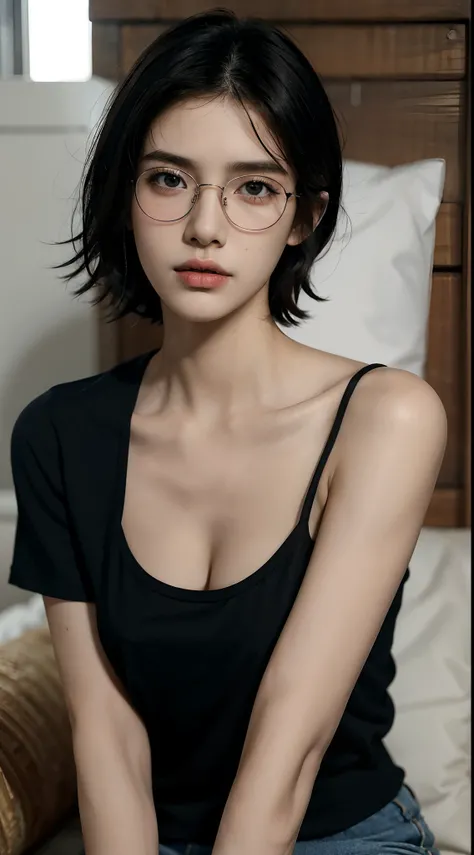 masterpiece, best quality, realistic, highly detailed, 1girl, solo, cowboy shot, different eyes color, glasses, short hair, black hair, medium breast, stylish T-shirt, Lips pierced, tatto on neck, beautiful girl, A tomboy face, Flat face without expression...