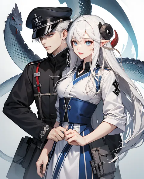 Snake Maiden#lamia #snakegirl#White hair#quadratic element#In a Japanese anime style#German Third Reich#iron cross#wearing hat#army suit#