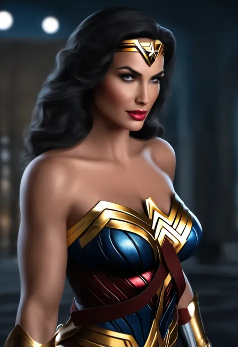 give me an ultra-realistic picture of Wonder Woman, com meia idade, morena, aparentando ser Brasileira, non-sensual, with non-bulky breasts,  fazendo o autoexame de mama no contexto da campanha do Outubro Rosa