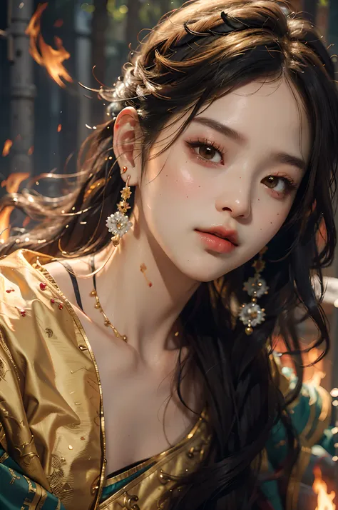 (best quality, masterpiece:1.2), ultra high resolution, (realistic:1.4), 1 girl, beautiful_face, detailed skin, full body, yuhuo, fire, jewelry, solo, earrings, (fire:1.3), blur, realistic, lips