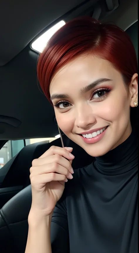 Malay girl, very short red hair, side swept pixie haircut, wear soft blue Mini peplum backless Dress , laughing and posing with hand on head, touching her own head, wear handbag, from back view, windy, detail skin, age spot, detail skin texture, mole below...