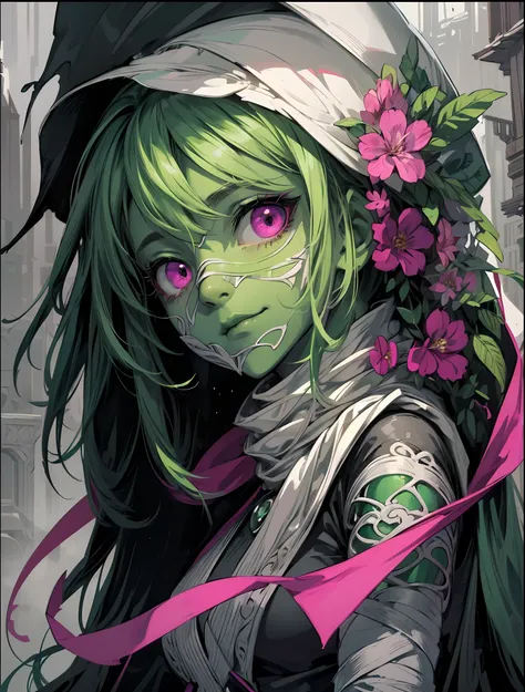 Beautiful cute girl light gray_green mummify
Goblin with visibily flower and white bandages,  mummy mask,  color splash,  monochrome green and pink,  beautiful fantasy,  cozy in the background,  manga style,  Tsutomu Nihei style,  beautiful colors,  Manga ...