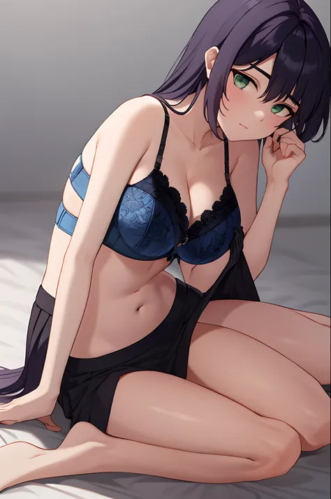 Best quality, dark blue hair and green eyes, large breasts, cleavage, navel, t-shirt, ((bra)),clothes lift, skirt, lying, full Body, perfect body ,sitting