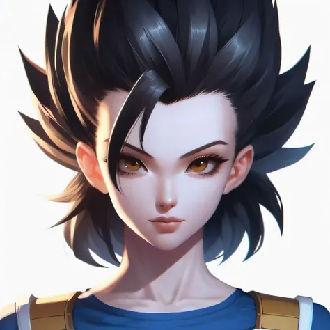 Un primer plano de una persona con el pelo muy corto, Chica Saiyajin, Estilo realista de anime 3D, portrait knights of zodiac girl, Goku hembra, high quality anime artstyle, Personaje de estilo anime, Pelo saiyan negro salvaje y puntiagudo, Arte detallado ...