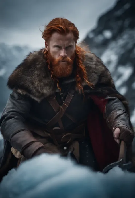 Viking with red hair and fur coat climbing a mountain of ice