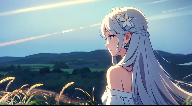 masterpiece, best quality, 1lady, solo, really long hair, white hair, (flowers hair ornament), light blue eyes, necklace, earrings, night, Vast sky, beautiful skyline, fireflies, fantasy, off shoulder blue dress, night scenery, behind view, back view, touc...