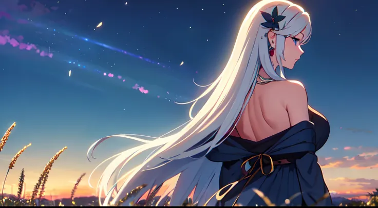 masterpiece, best quality, 1lady, solo, really long hair, white hair, (flowers hair ornament), light blue eyes, necklace, earrings, night, Vast sky, beautiful skyline, fireflies, fantasy, off shoulder blue dress, night scenery, behind view, back view, touc...