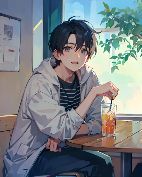 anime - style illustration of a man sitting in a chair in a room, lofi portrait, lofi artstyle, digital anime illustration, modern anime style, anime aesthetic, anime artstyle, high quality anime artstyle, handsome anime pose, anime art style, in an anime ...