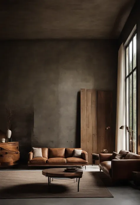 Living room contemporary realist house with waxed concrete on floors and walls, Design furniture mix with rustic furniture