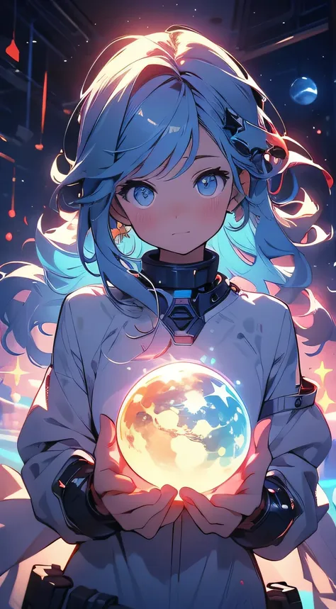 (masterpiece), best quality, a cute girl floating in the space holding a planet, ((holding)), sphere, ((glow, planet glow)), per...