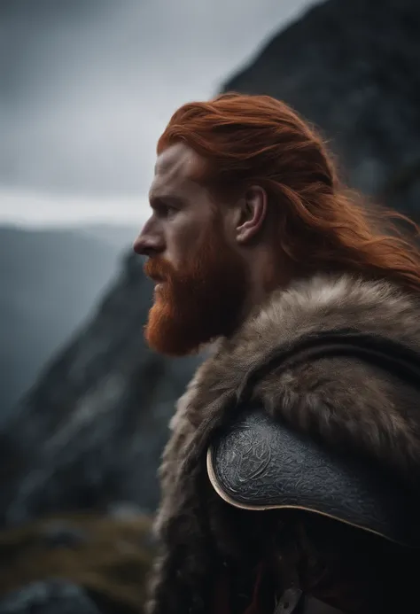 Viking with red hair climbing a mountain with difficulty