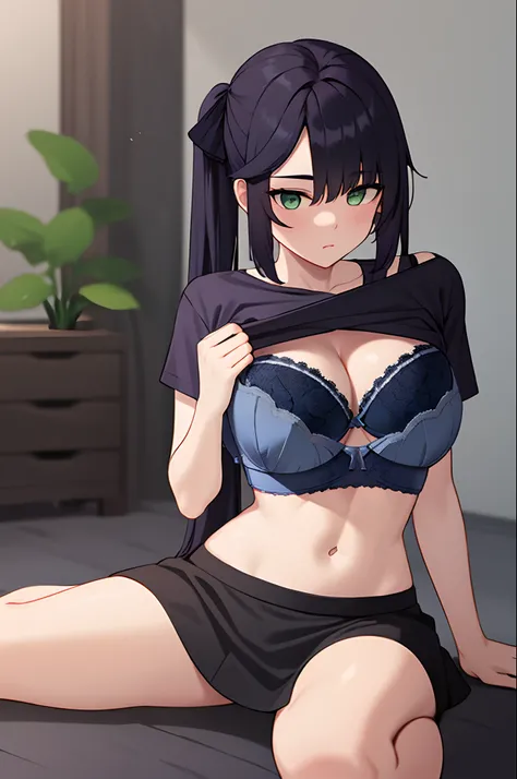 Best quality, dark blue hair and green eyes, large breasts, cleavage, navel, t-shirt, ((bra)),clothes lift, skirt, lying, full Body, perfect body ,sitting